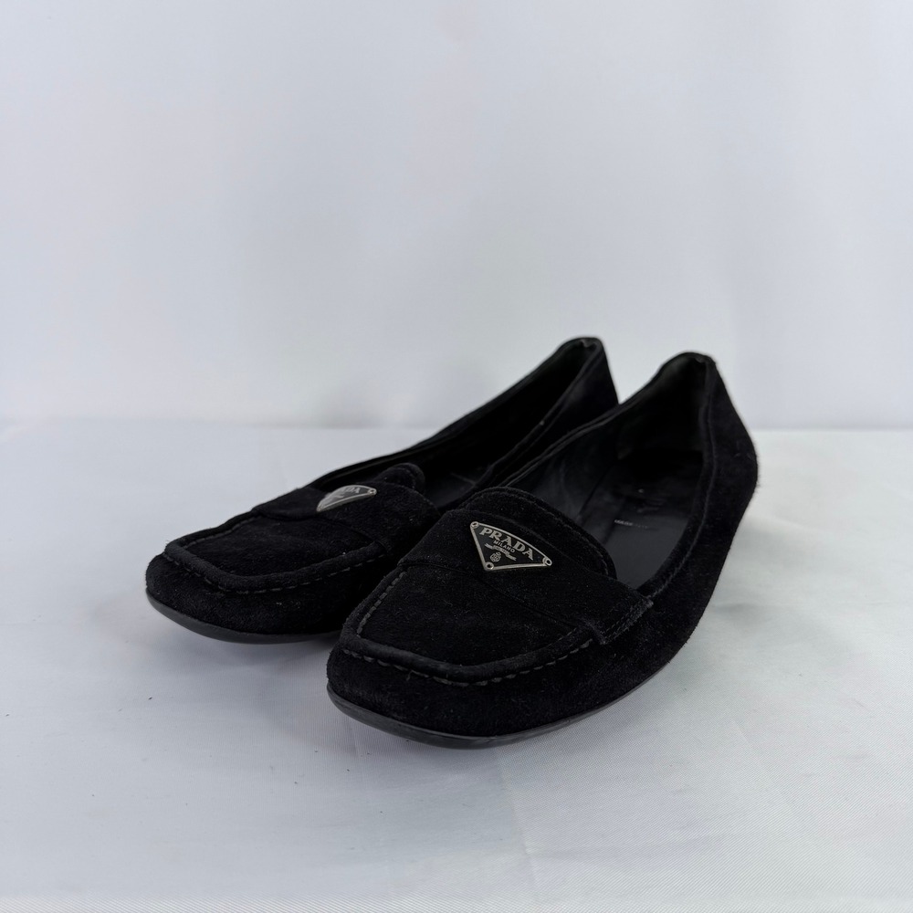 Prada Loafers Women Size 37 Black Suede Triangle Logo Flat Shoes Made in Italy - Picture 2 of 13